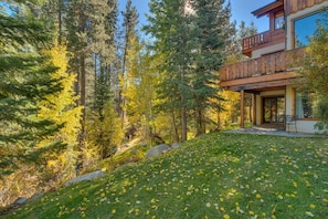 Overlooking a lush forest, this two-story building features a balcony and large windows with a clean, contemporary design.