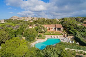 A house with a swimming pool surrounded by lush greenery and hills.