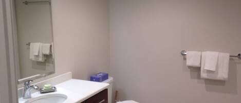 A bathroom with a sink, mirror, toilet, and towel rack.
