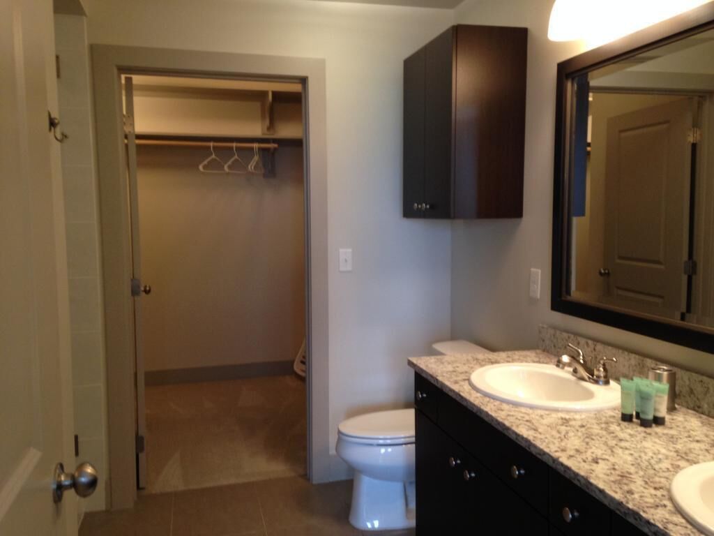A bathroom with a toilet, a sink, and a dark cabinet above the sink.