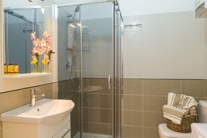 Dusche, Haartrockner, Handtücher, Seife