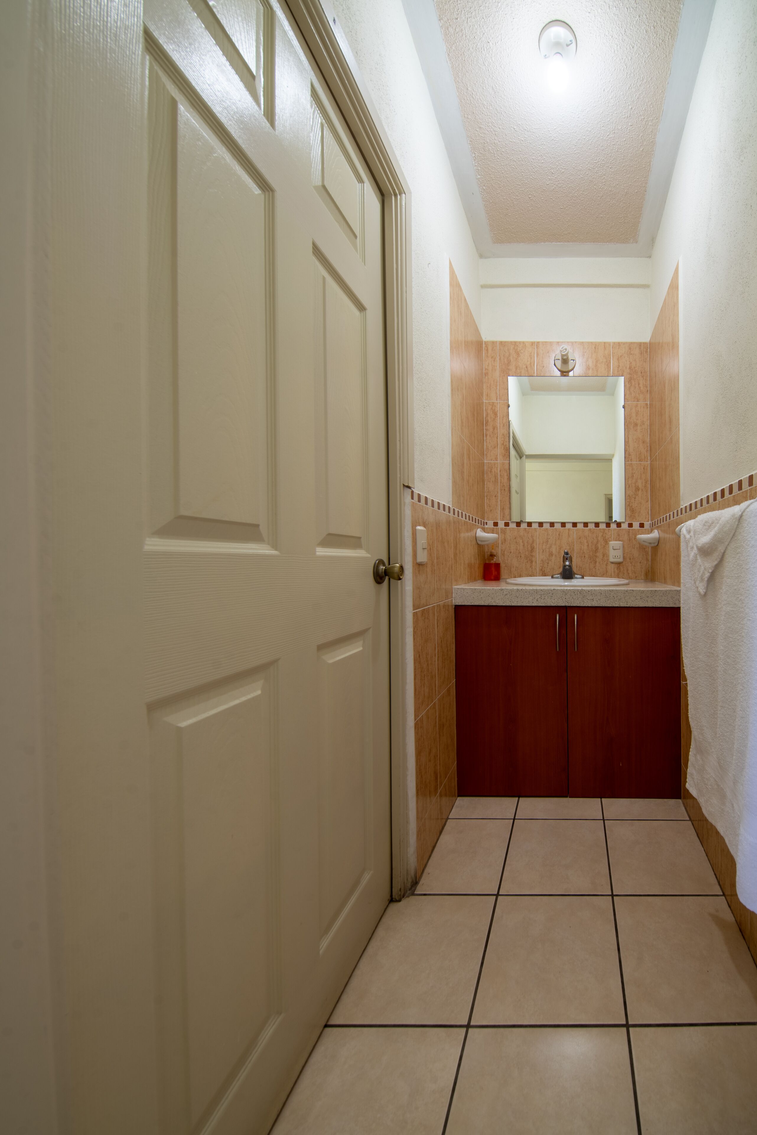 A bathroom with a white door, a sink, and a mirror.