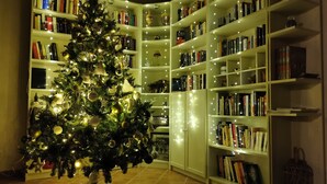 Um quarto acolhedor com uma grande árvore de Natal no centro, rodeada por estantes cheias de livros e objetos decorativos.