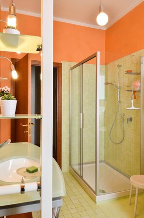 Douche, séchoir à cheveux, bidet, serviettes fournies