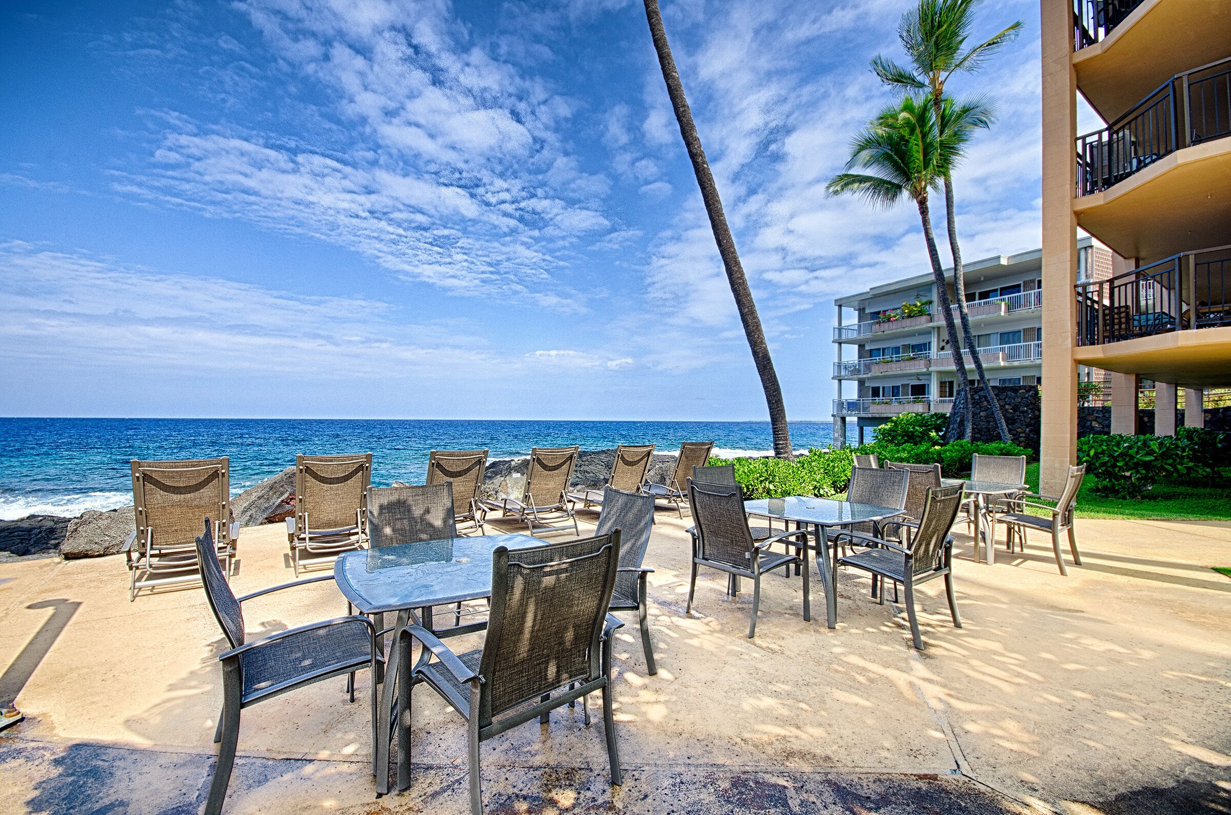 A beachside dining area with tables and chairs, overlooking the ocean, with a building and palm trees in the background.