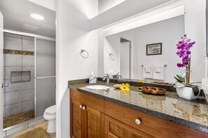 Une salle de bain moderne avec un comptoir en granit, un grand miroir et un espace douche.