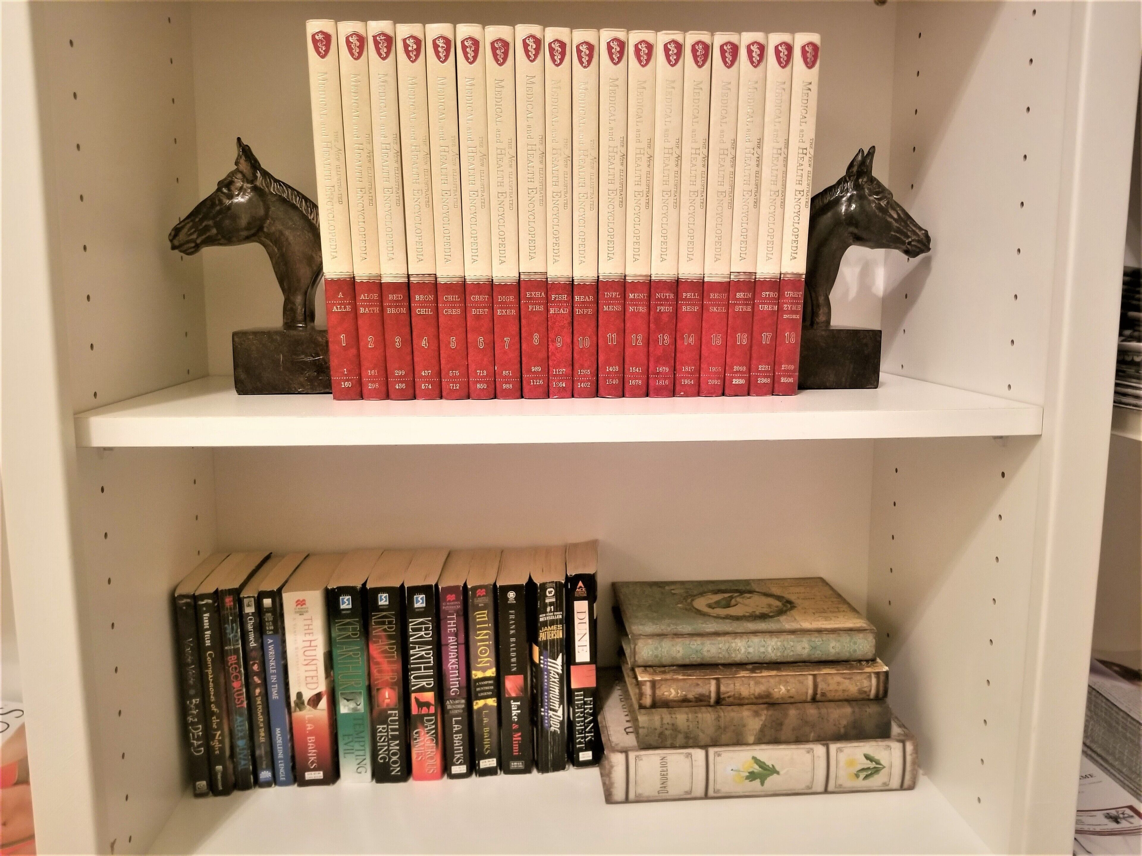 Une bibliothèque contenant des encyclopédies médicales et des œuvres de littérature classique.