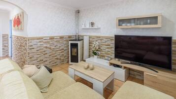 Een televisie en een open haard