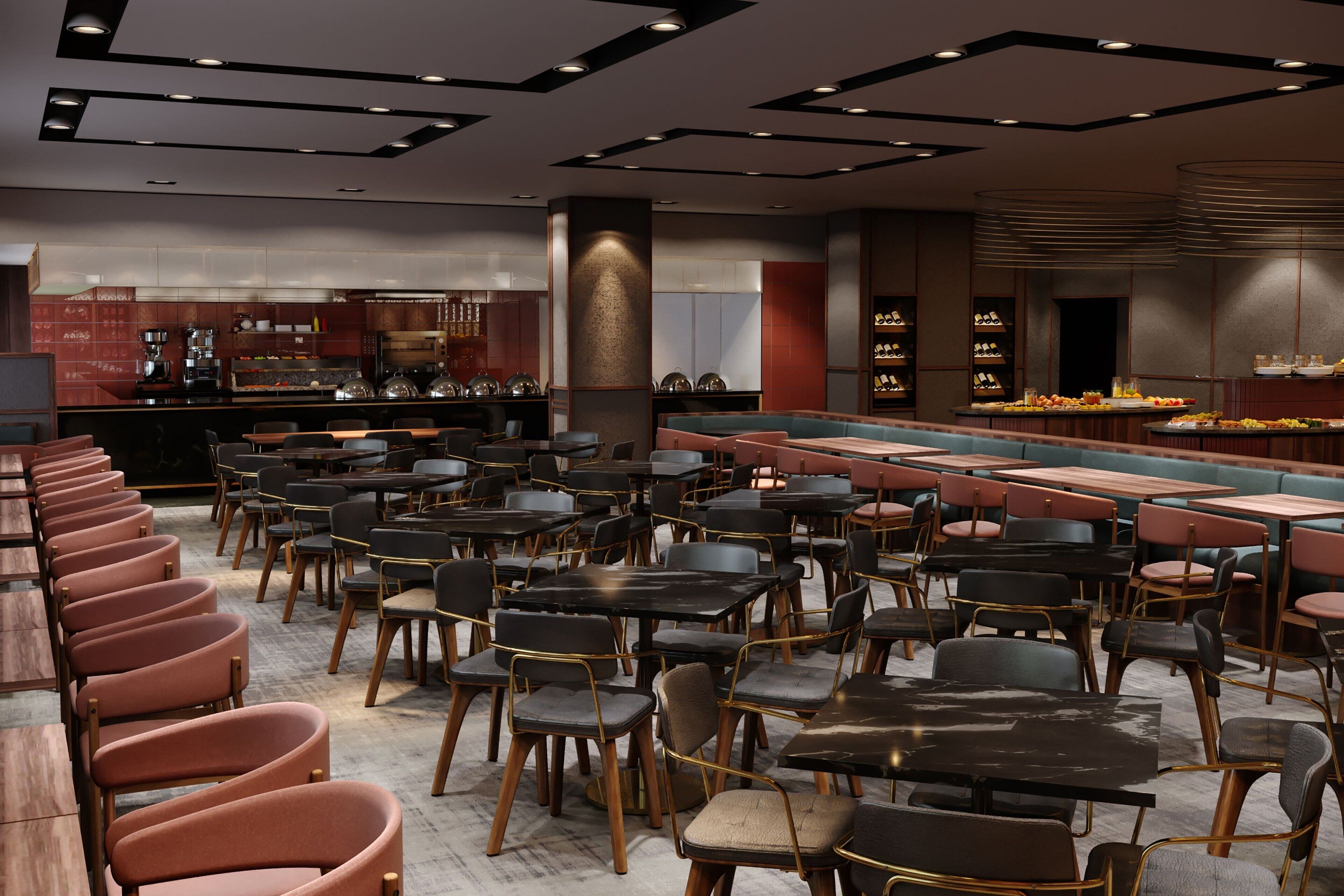 A modern dining area with multiple tables and chairs, a central bar, and a kitchen in the background.