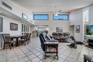 Smart TV, fireplace, DVD player, books