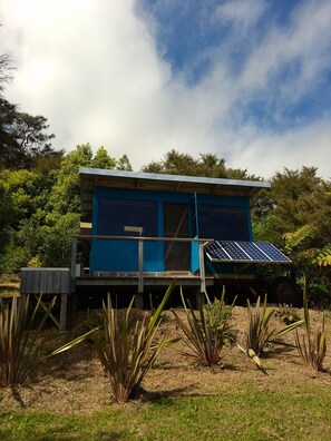 Eine blaue Holzhütte mit einer Veranda, umgeben von Pflanzen und einem bewölkten Himmel.