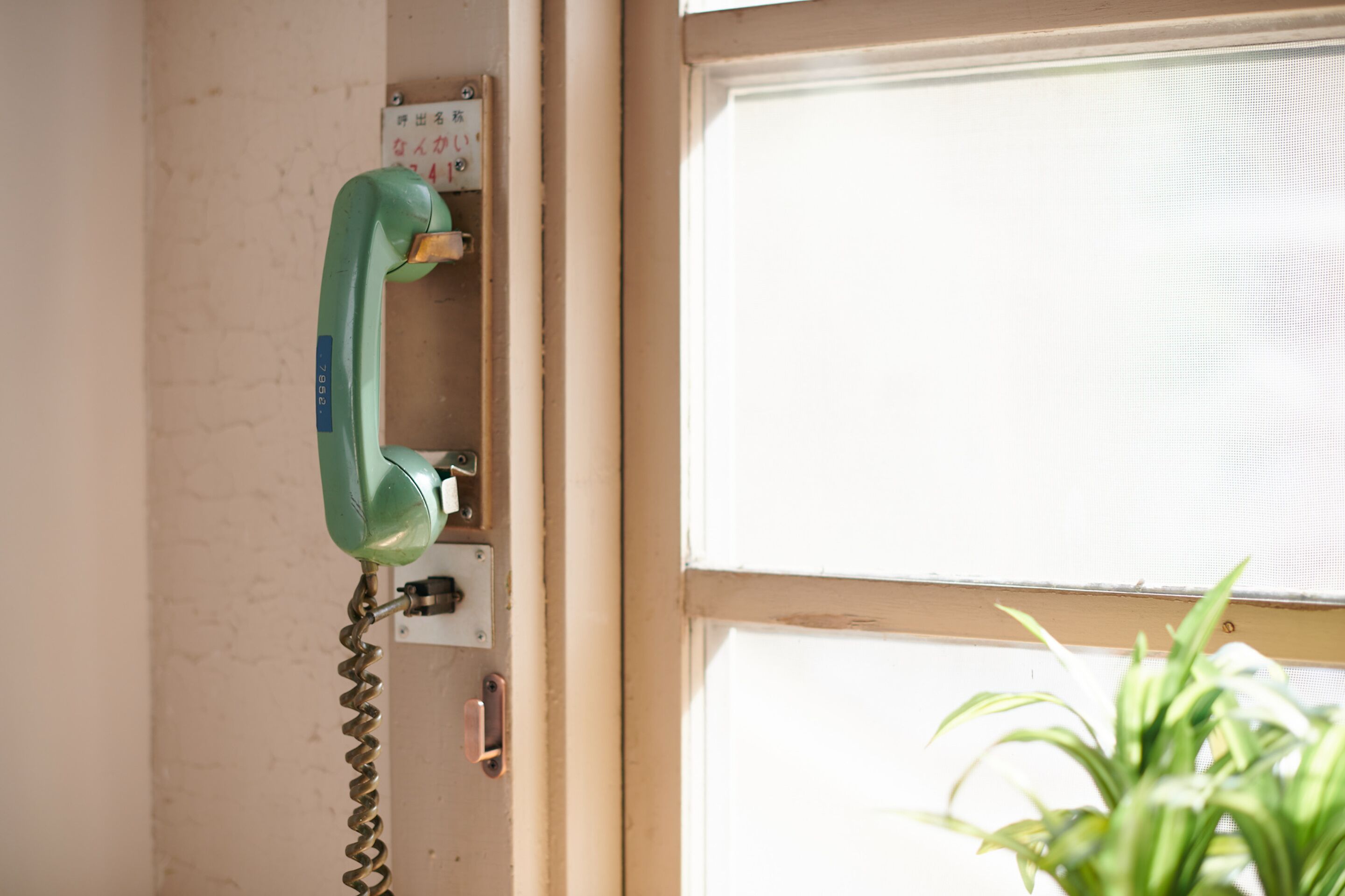 Un teléfono antiguo verde sujeto a la pared, una ventana con persianas y una planta en maceta.