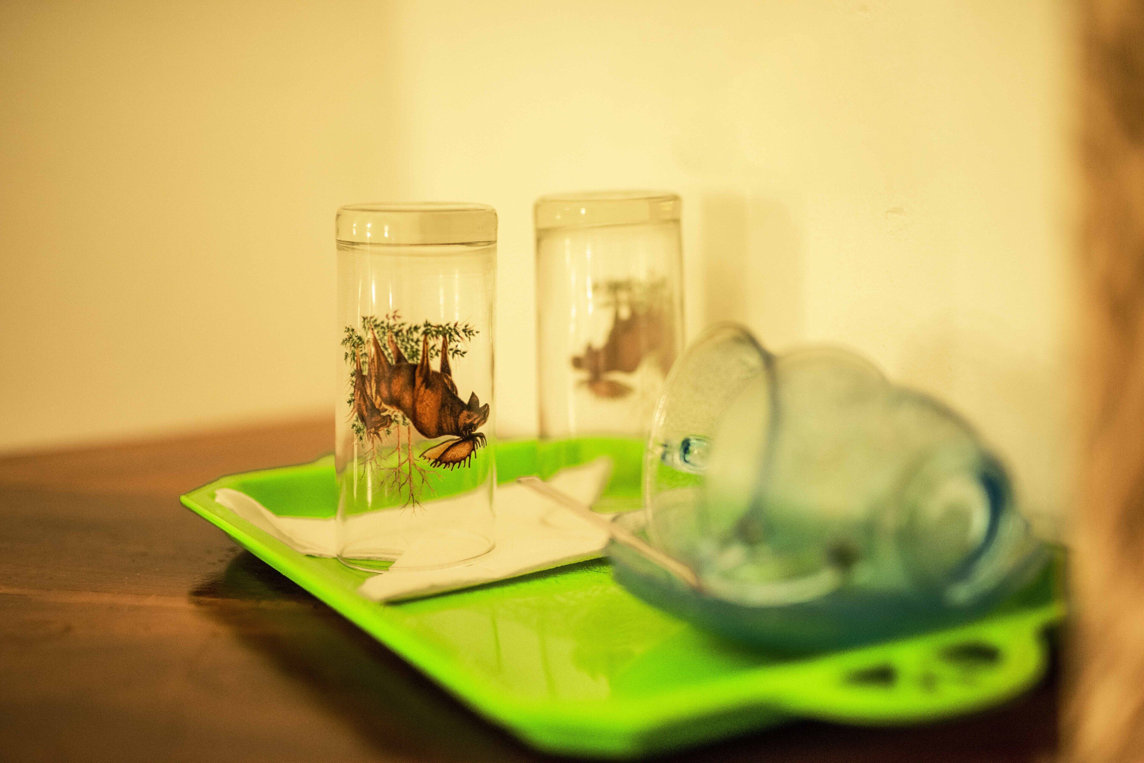 Two glass containers with images of trees and a horse on a green tray.