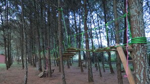 A forested area with rope bridges and wooden platforms. - Viña Real Cabañas Rotamundos (Tacambaro)