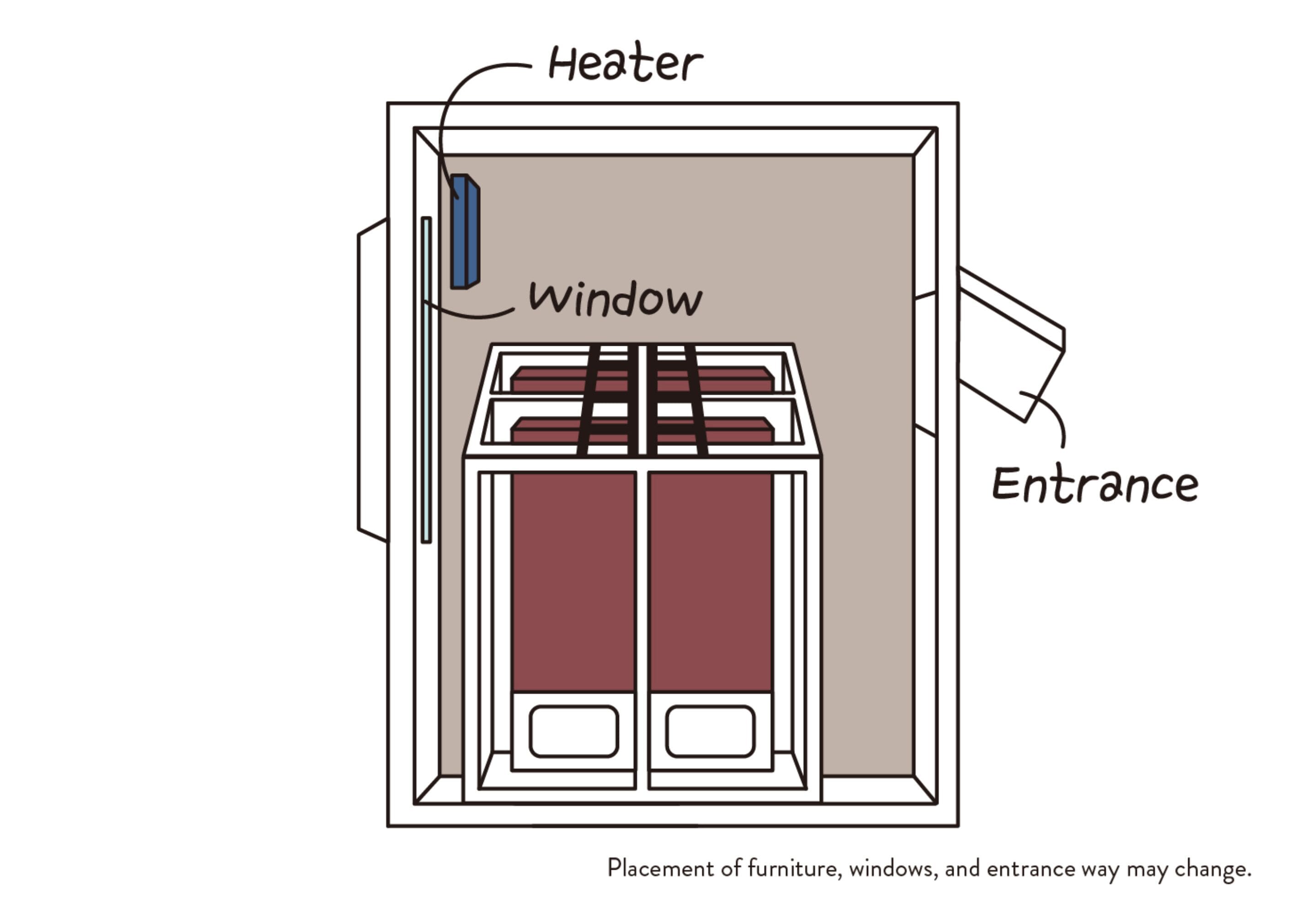 A room layout with a heater, window, and entrance.