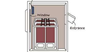 A room layout with a heater, window, and entrance.