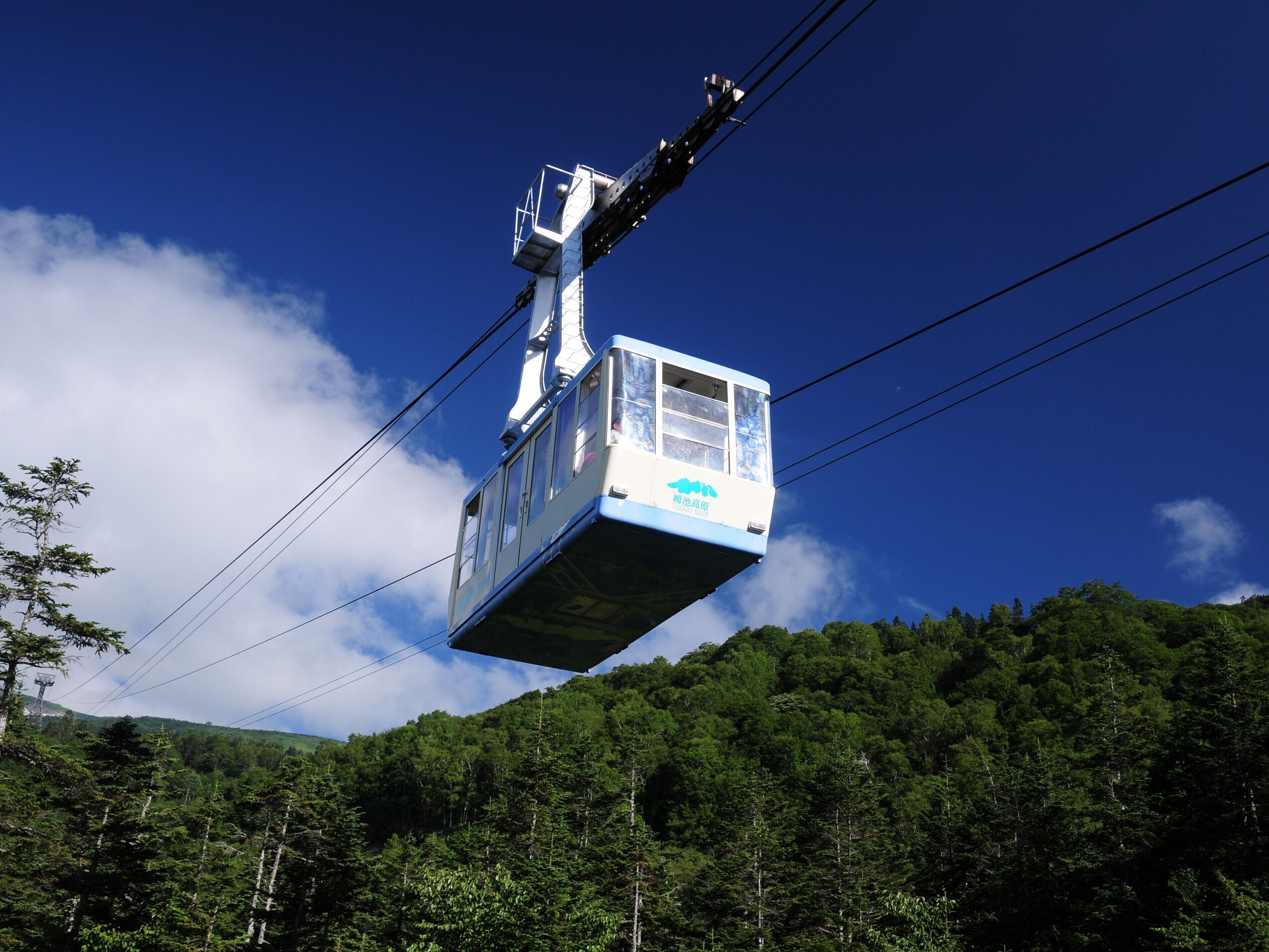 A cable car suspended between two towers, with a forested mountain in the background.