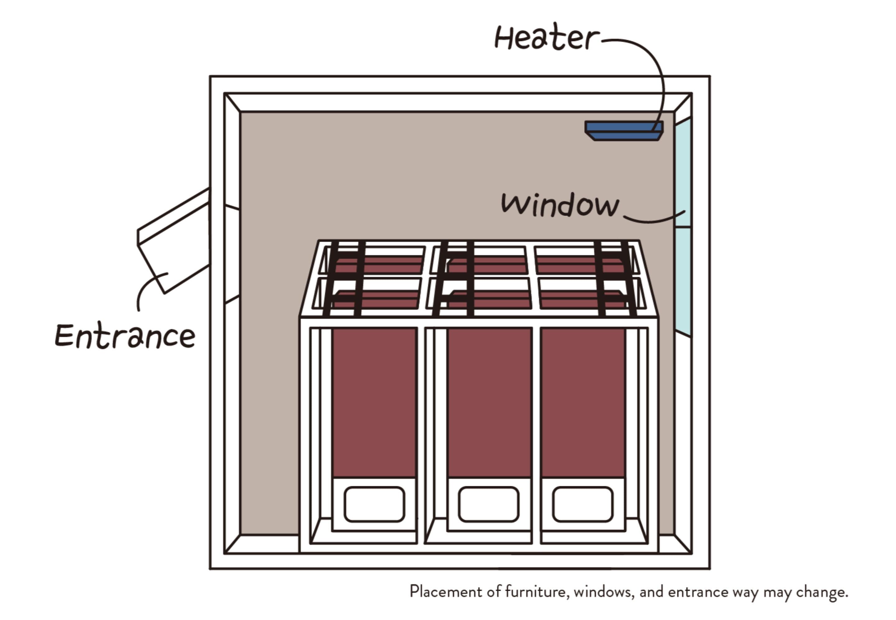 A room layout with an entrance, windows, and a heater.