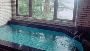 Una piscina interior petita amb vista a arbres a través d'una finestra.