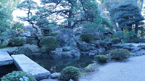 Jardí japonès tradicional amb un estany, roques i diverses plantes.