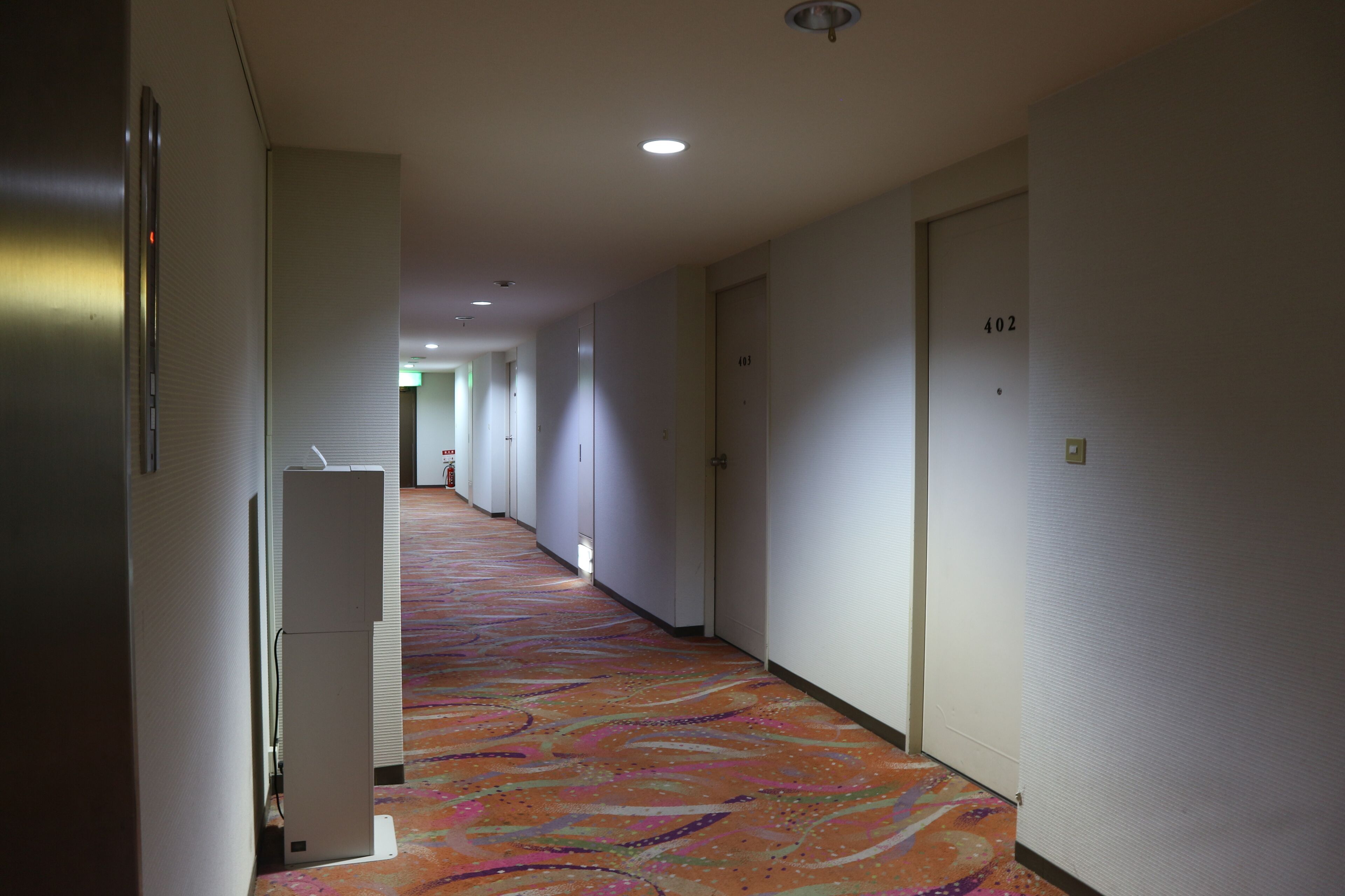 Un pasillo de hotel con alfombra estampada, paredes blancas y puertas numeradas 402 y 403.