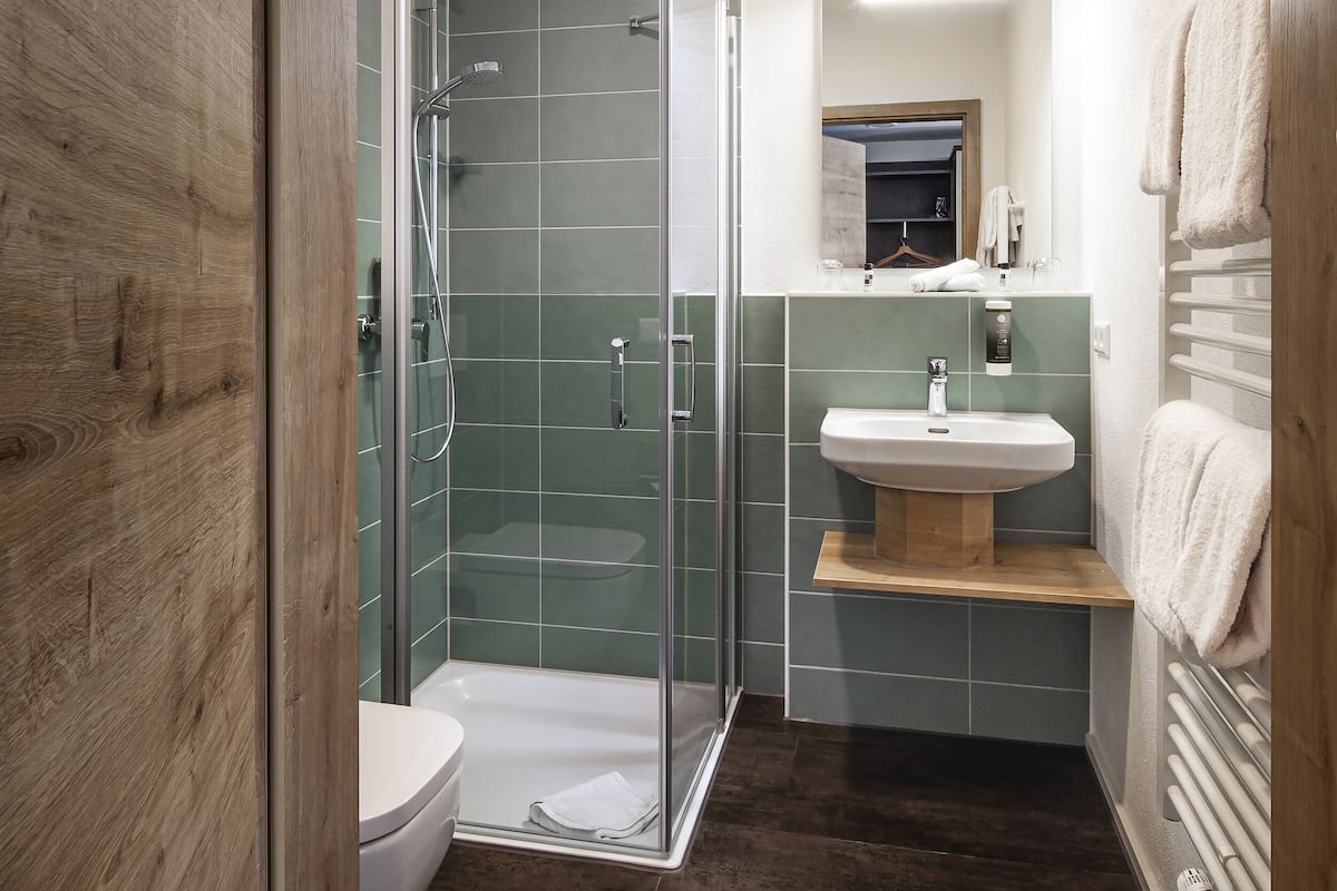 superior double room (plus) | bathroom | shower, free toiletries, hair dryer, towels