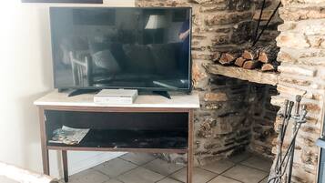 Smart TV, chimenea y libros