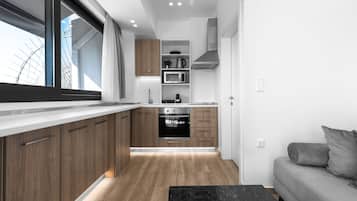 Panoramic Penthouse, 1 Bedroom, Balcony, City View | Private kitchen | Fridge, microwave, oven, stovetop