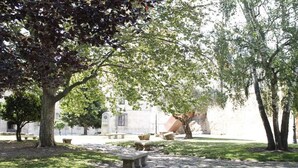 A courtyard with stone benches, trees, and a paved walkway. - Hostal San Martín (León)