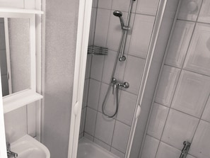 Une salle de bain avec une douche, des toilettes et un lavabo.