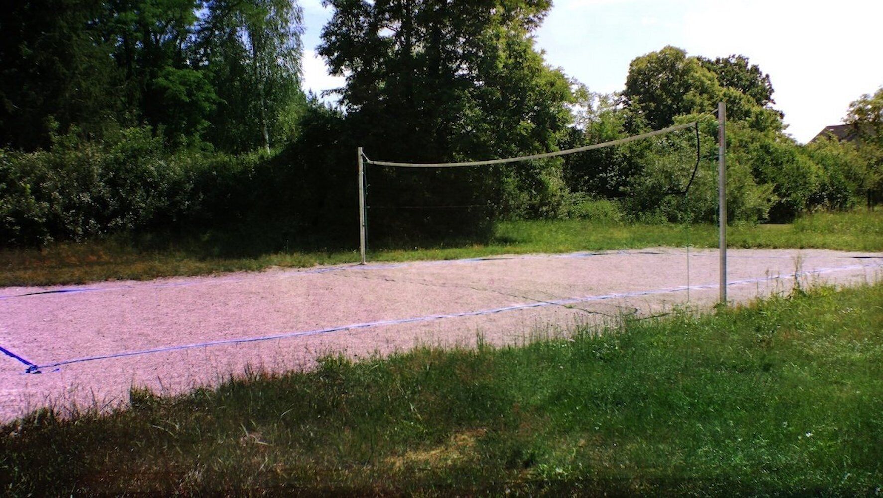 A volleyball court with net, surrounded by trees and grass.