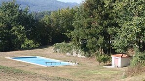 Ein rechteckiger Pool mit einfacher Liegefläche, umgeben von dichter Vegetation und einem kleinen Schuppen.