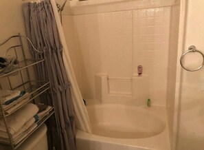 Hair dryer, towels, soap, shampoo