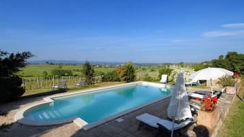 Seasonal outdoor pool, pool loungers