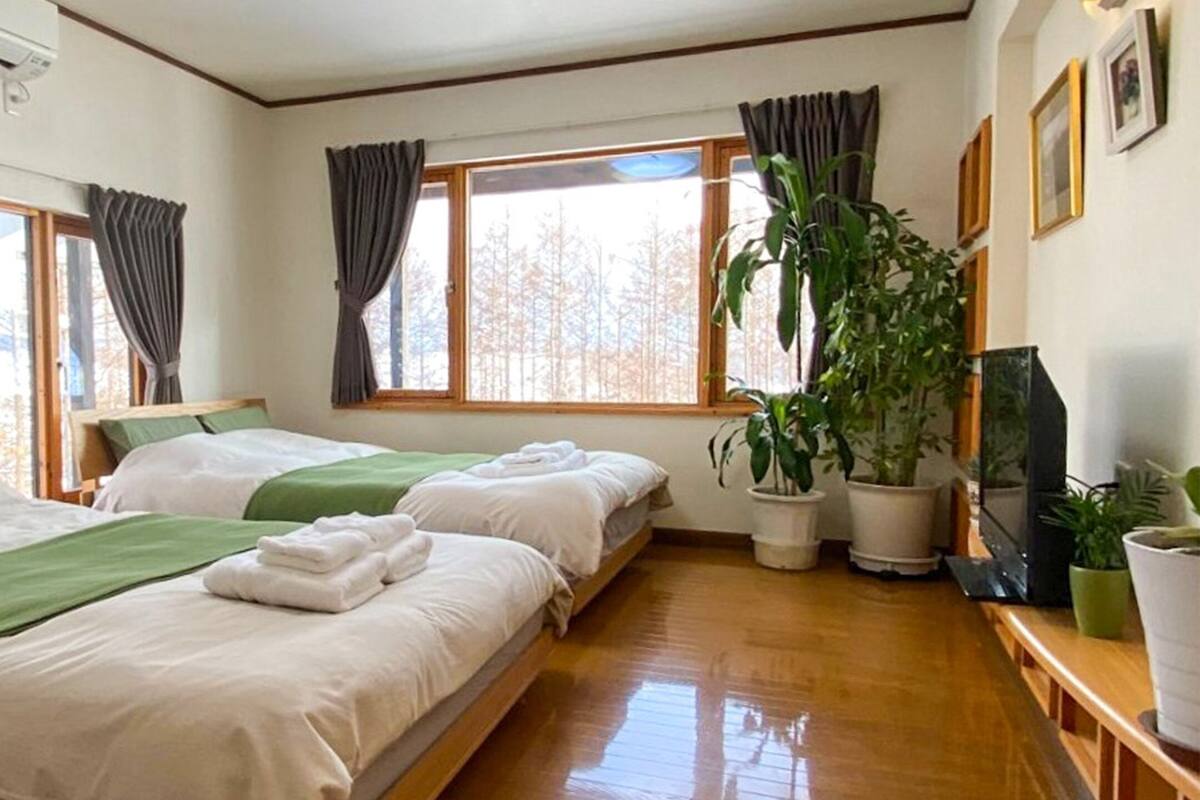 Habitació d'hotel amb dos llits, grans finestres, televisió de pantalla plana i diverses plantes en testos.