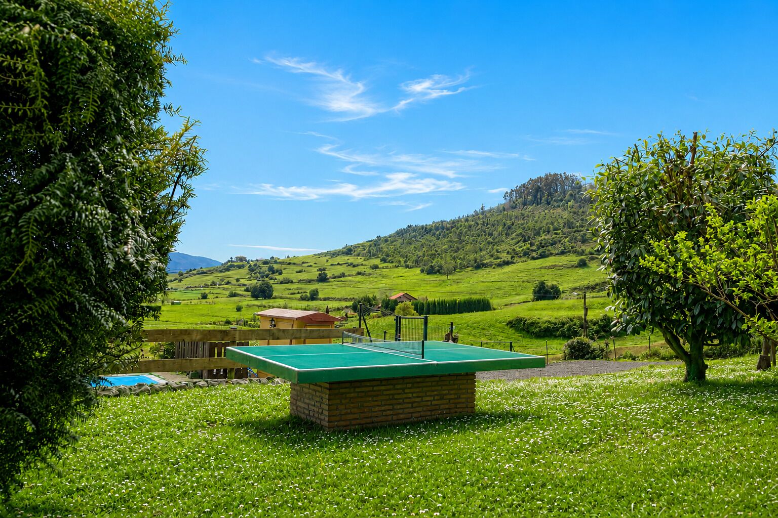 A green outdoor table tennis table surrounded by lush green grass and trees, with a mountain in the background.