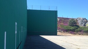 A long, narrow corridor with green walls and a concrete floor, leading to a fenced area with a rocky landscape and purple flowers in the background. - Hostal Mónica (Valle De Valdebezana)