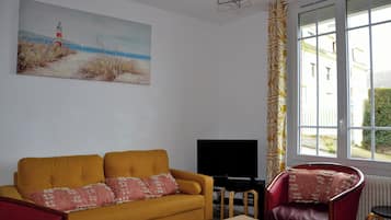 TV, fireplace, books, stereo