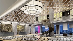 A spacious lobby with a grand staircase, marble flooring, and a modern chandelier. - Ramada Plaza by Wyndham Nanxun (Huzhou)