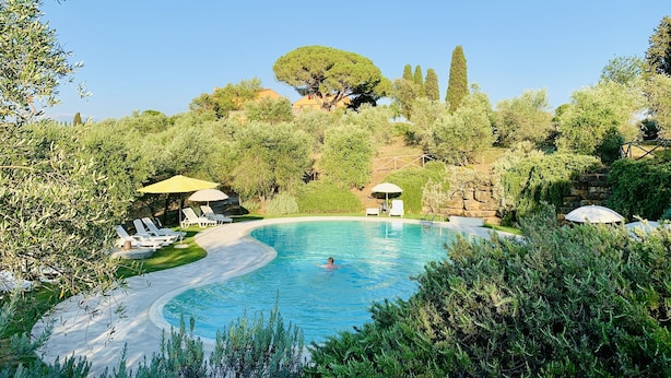 A swimming pool surrounded by lush greenery, with lounge chairs and umbrellas. - Tenuta Agricola Fraschiera (Massa Marittima)