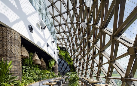 A modern restaurant with a geometric glass ceiling, wooden tables, and green plants.