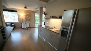 Apartment | Private kitchen | Full-size fridge, oven, stovetop, cookware/dishes/utensils - Breathtaking Athens View Loft (Athens)