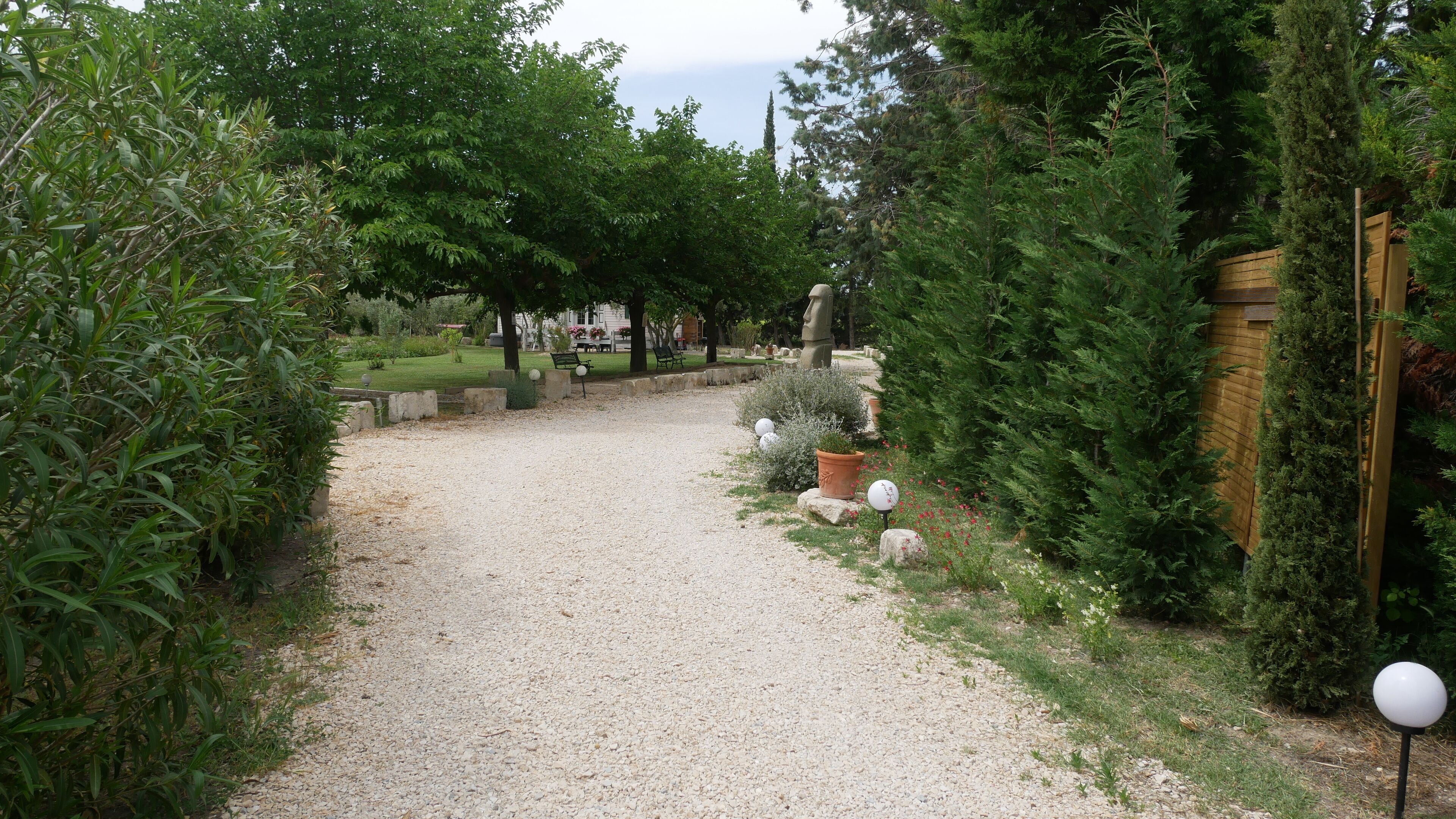 Un chemin de gravier dans un jardin où poussent différentes espèces de plantes, le tout bordé d’une clôture en bois.