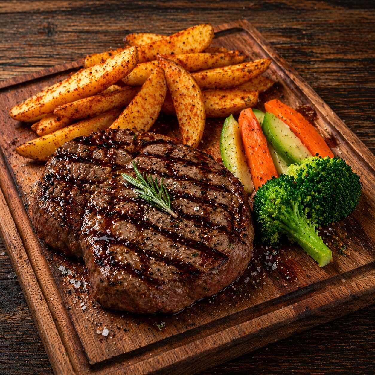 A steak with grilled marks, seasoned potatoes, and mixed vegetables on a wooden board.