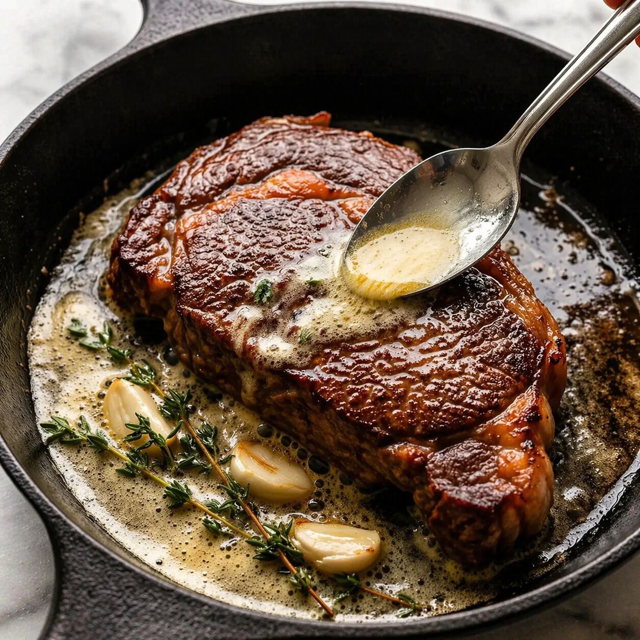 Un bistec en una sartén con ajo y hierbas.