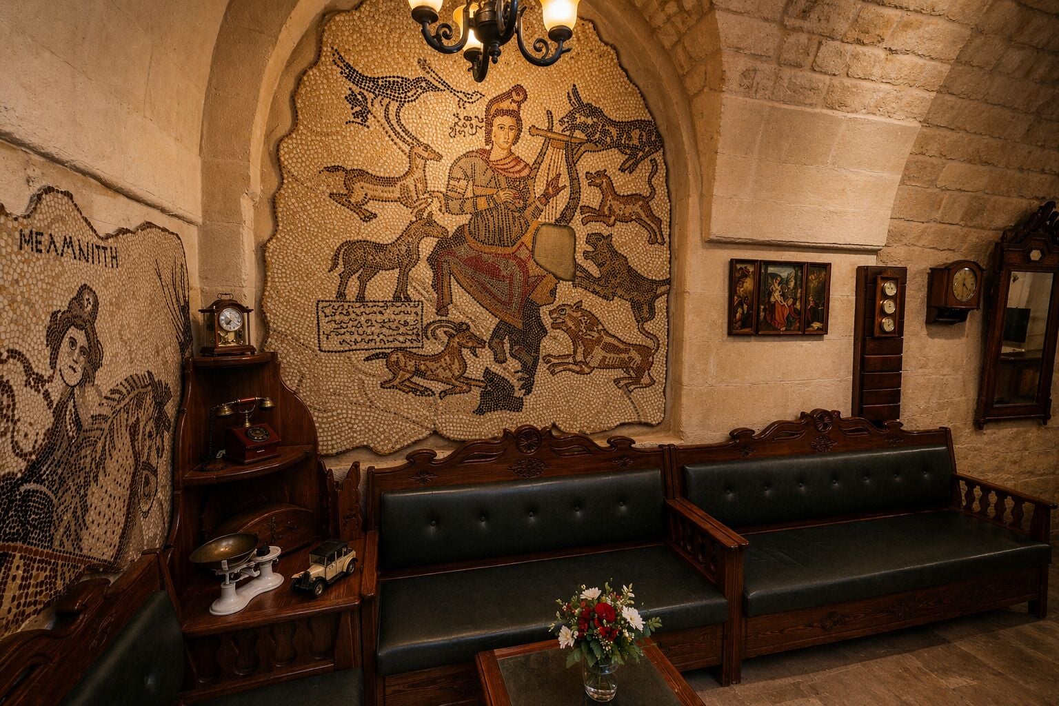 A room with a mosaic wall, wooden furniture, and a clock.