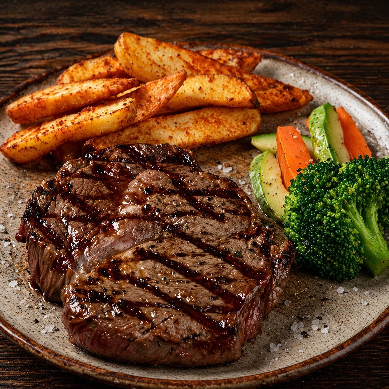 A plate with a grilled steak, roasted potatoes, and steamed vegetables.