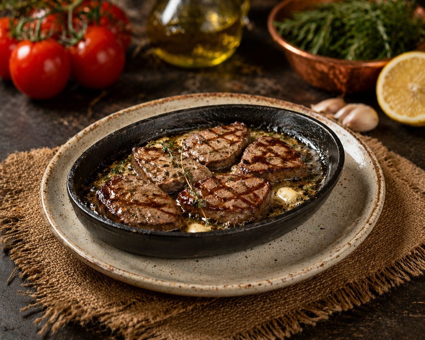 Una sartén con carne a la parrilla, un plato y un ambiente rústico con tomates, ajo y hierbas.