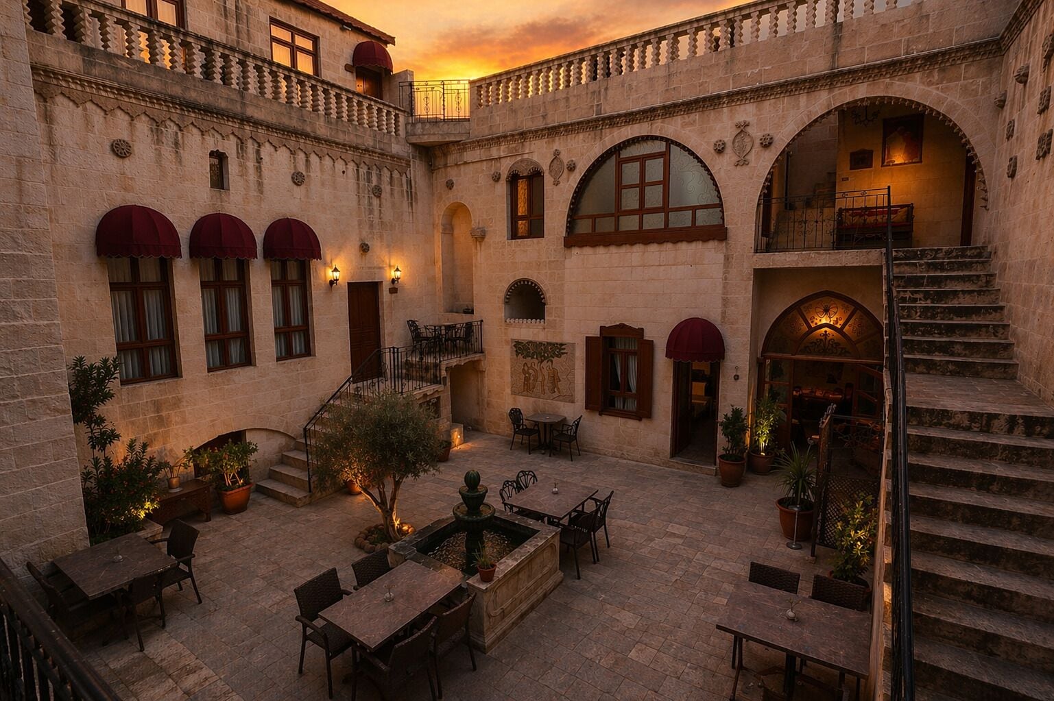 A courtyard with stone walls, arched doorways, and outdoor seating areas.