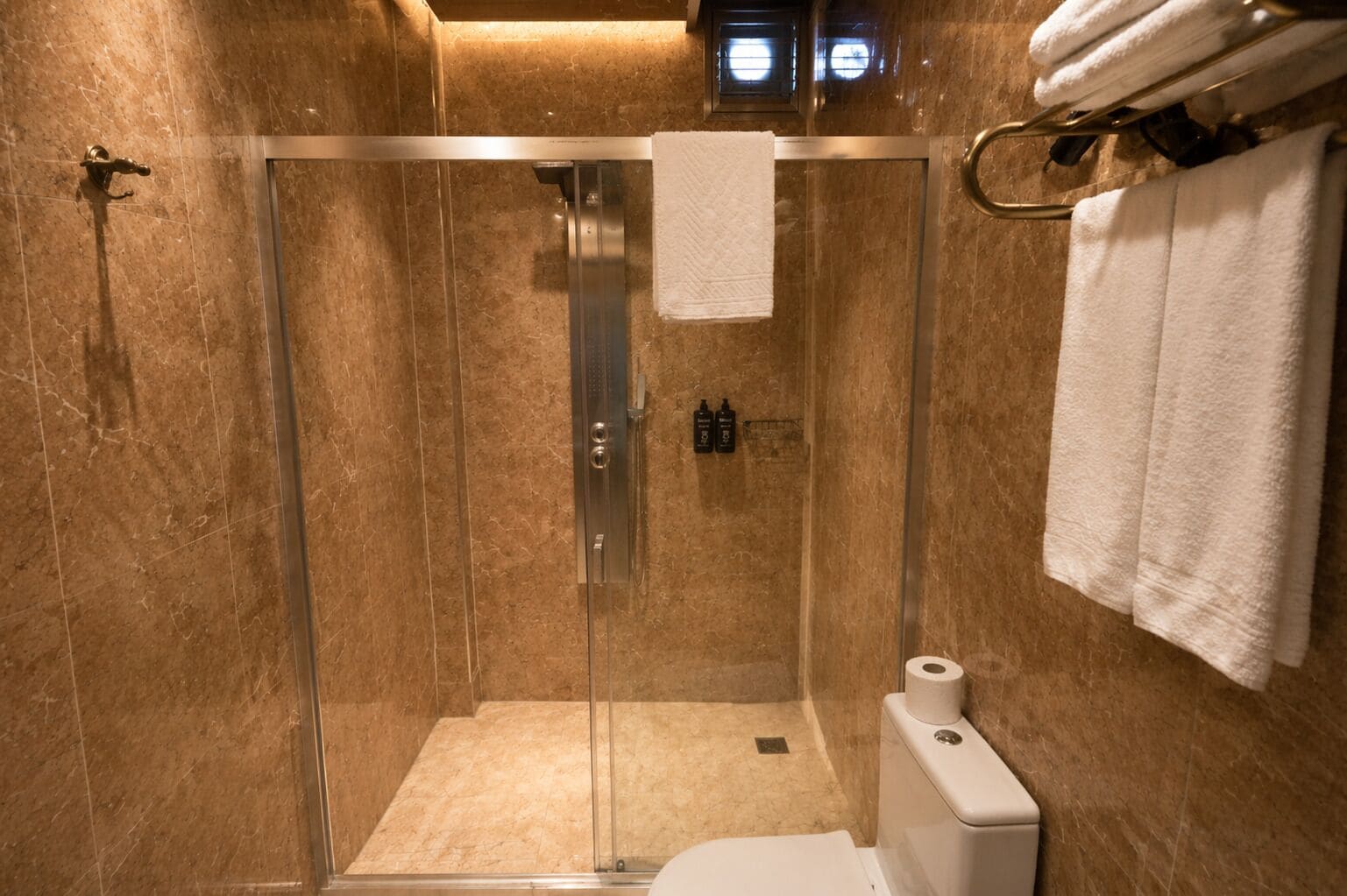 A glass-enclosed shower stall with a toilet and towel rack.